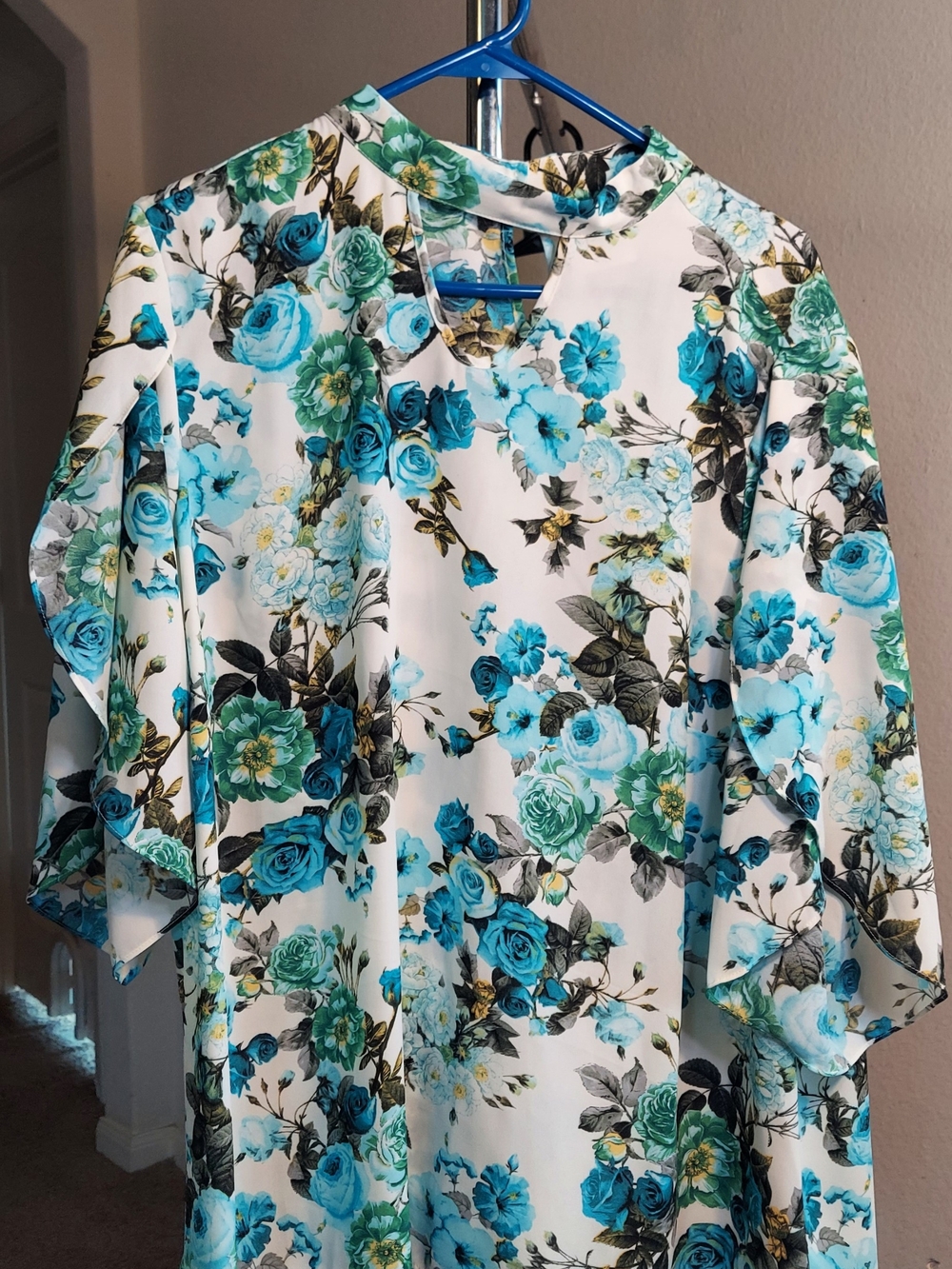 Just My Size White Dress with Teal & Aqua Floral Print